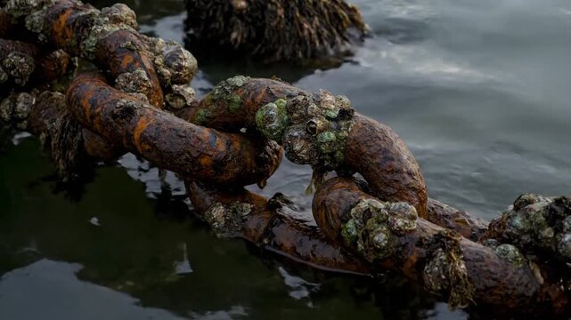 Rusty anchor chain encrusted with barnacles in murky water