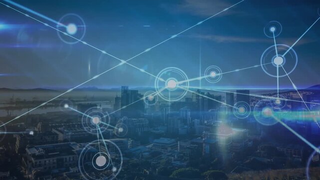 Animation of network of connections and data processing over cityscape
