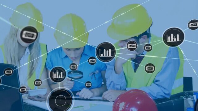 Animation of network of connections with icons over diverse architects with plans