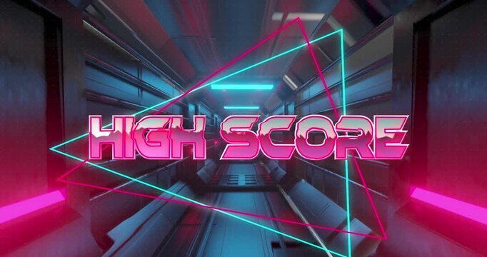 Animation of high score text on triangles over futuristic tunnel in background