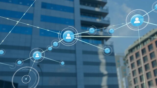Animation of network of digital icons against view of tall buildings