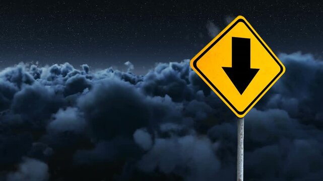 Animation of down side arrow signboard against dark clouds in the sky