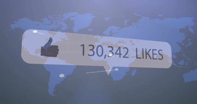 Animation of thumbs up icon with increasing likes against network of connections over a world map