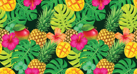 Fototapeta premium Pineapples and mangoes are arranged in a seamless pattern with hibiscus flowers and tropical monstera leaves on a dark background.