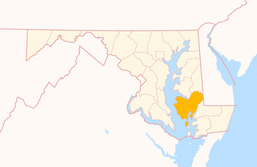 Obraz premium Map of the County Dorchester (Maryland, US) showing the Federal State with the highlighted County