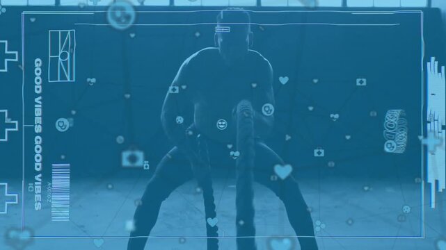 Animation of network of connections with icons over man training with ropes