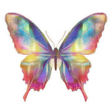 Holographic pixel pattern butterfly with rainbow colors clipart on transparent background