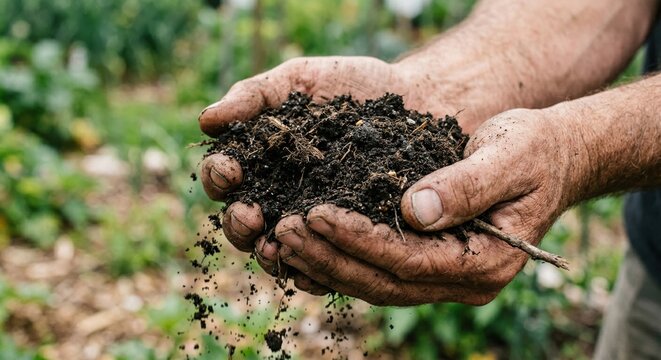 Dark fertile soil in cupped hands of a gardener holding rich organic compost in a garden for sustainable agriculture, environmental and farming commercial concepts