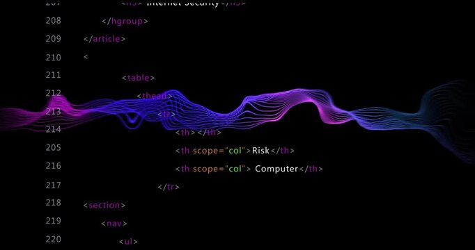 HTML code with colorful wave animation over black background