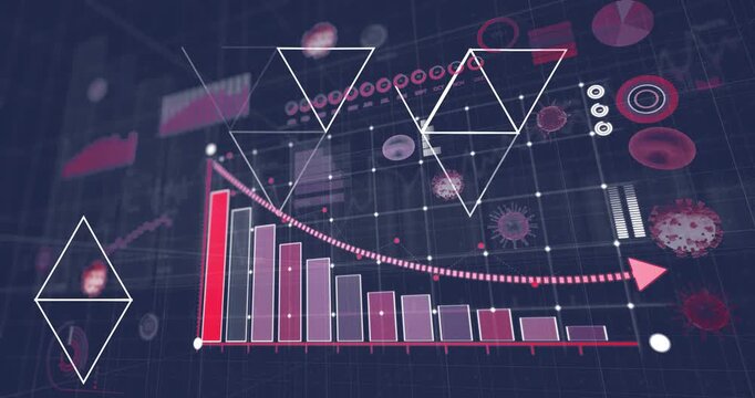 Animation of virus icons with bar graph and geometric shapes over digital grid