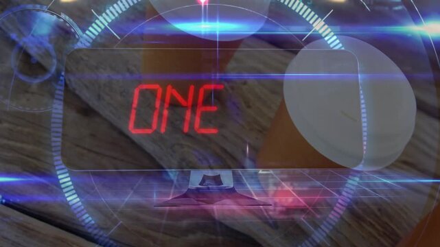 Futuristic HUD overlaying wooden tabletop, showing digital monitor with scanning progress bars