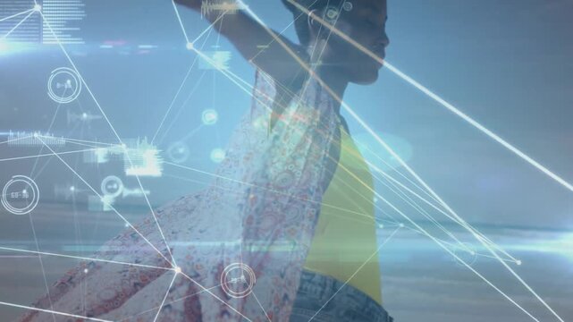 female model standing on beach, gazing at horizon with floating network lines, data charts for tech