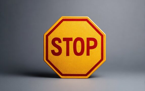 Bright yellow stop sign with red border and lettering on a plain gray background