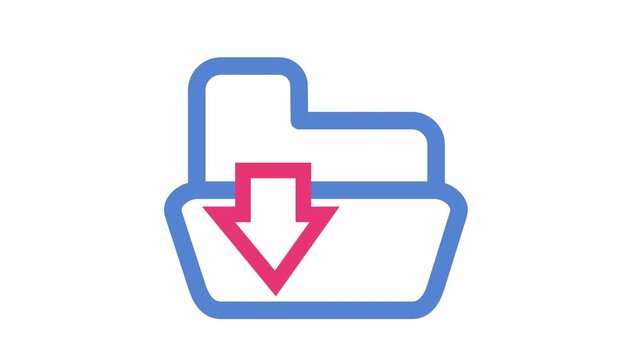 Blue digital folder icon with red downward download arrow isolated on an alpha channel. Bold outline icon of a folder with a transfer and archive indicator symbol in a cartoon animation.