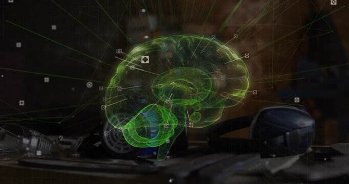 On power-up holographic brain appearing, rotating as nodes forming neural network in 3D grid