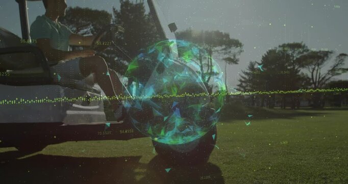 Golf driver steering cart across fairway at sunrise, floating tech orb pulsing data analyzing swing