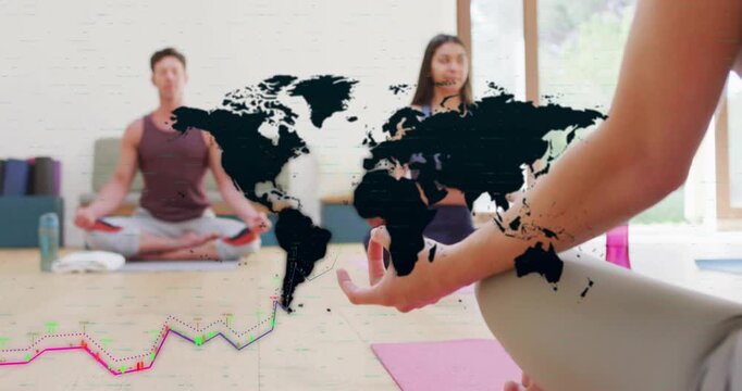 health instructor leading practice raising leg forming mudra as world map fades in with data charts