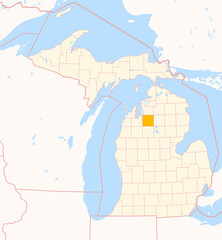 Obraz premium Map of the County Kalkaska (Michigan, US) showing the Federal State with the highlighted County