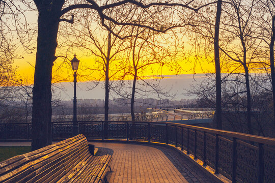 Beautiful park at sunrise time on Volodymyrska girka park in Kyiv, Ukraine