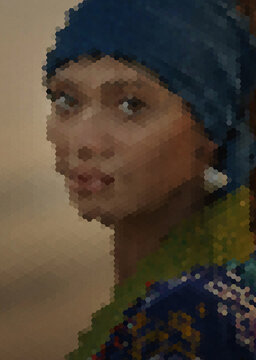 Pixelated mosaic reinterpretation of classic art with turban and pearl earring
