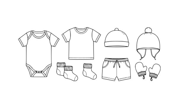 Black and white baby clothes vector set with newborn apparel and cute infant outfit collection