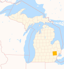 Fototapeta premium Map of the County Oakland (Michigan, US) showing the Federal State with the highlighted County
