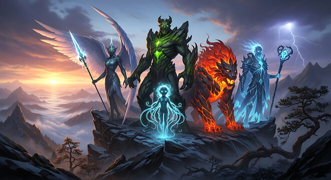Epic fantasy digital art depicting a powerful elemental quartet of beings poised heroically on a mountain peak at sunrise
