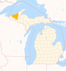 Fototapeta premium Map of the County Ontonagon (Michigan, US) showing the Federal State with the highlighted County
