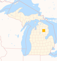 Obraz premium Map of the County Oscoda (Michigan, US) showing the Federal State with the highlighted County