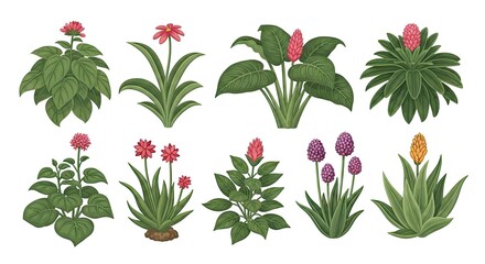 Naklejka premium Decorative botanical illustrations floral vector set with diverse greenery