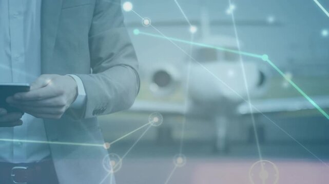 Camera zoom revealing man tapping phone accessing data on tarmac, wearing blazer, private jet, HUD