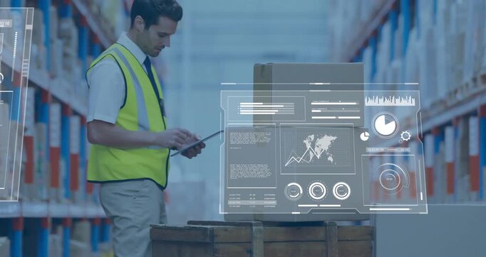 Warehouse clerk stopping at pallet using tablet checking stock with HUD charts centering on pallet