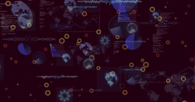 On load golden particles drifting across maroon backdrop, revealing charts, globes forming data UI