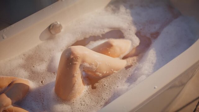 Woman legs bathing foam water washing body at home. Sexy woman resting morning