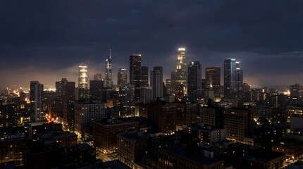 Obraz premium Los Angeles Downtown Skyline at Night with Moody Clouds