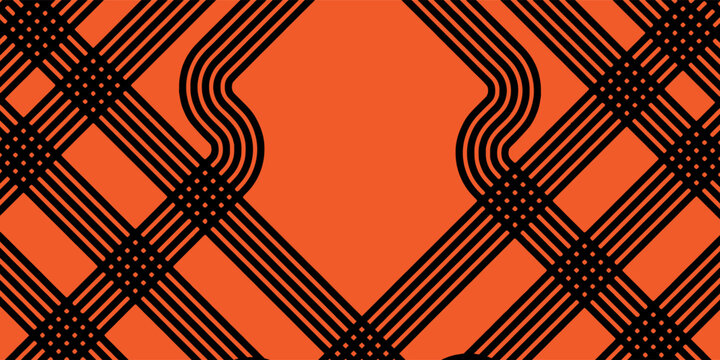 Vibrant abstract background featuring a clean interlocking pattern of black parallel lines and diagonal grids on a bold orange field. modern design