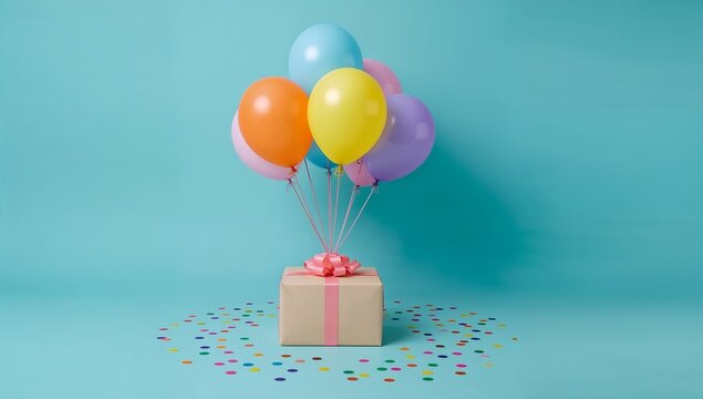 A gift box with colorful balloons and confetti, perfect for celebration