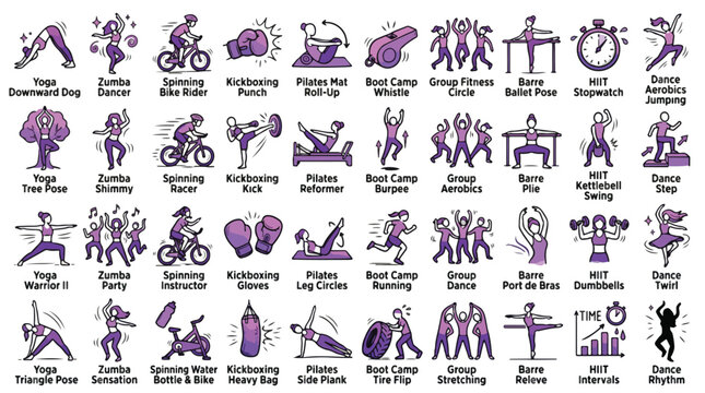 Fitness Class Activities Icon Set in Purple Line Style. A collection of Workout Linear Icons, Including Yoga, Zumba, Spinning, HIIT, Pilates, Barre, Kickboxing, Dance, Cardio