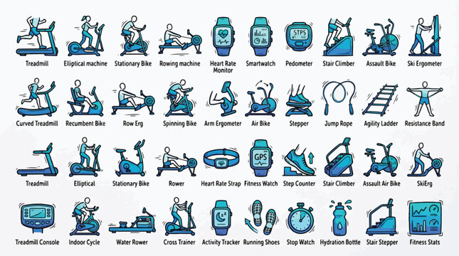 Cardio Gym Equipment Icon Set in Hand-Drawn Gradient Style. A collection of Fitness Activity Linear Icons, Including treadmill, elliptical, bike, rower, smartwatch, pedometer