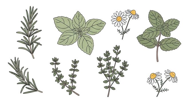 Illustrated herbs rosemary basil thyme mint and chamomile collection