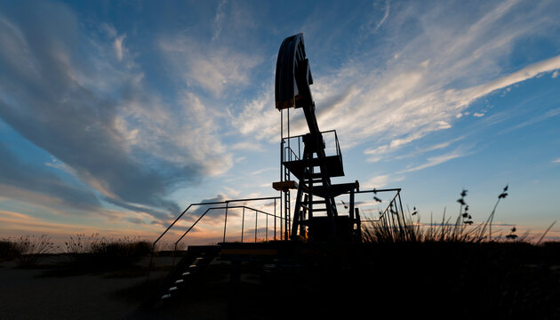 Oil pumpjack silhouette at twilight sky representing energy and future