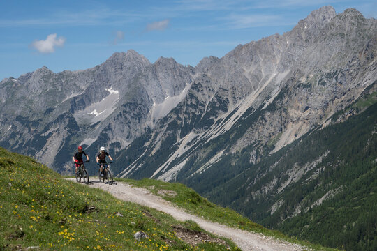 E-mountain biking on a scenic trail in the Karwendel mountains