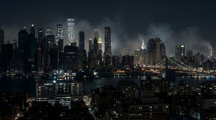 Fototapeta premium New York City Skyline at Night with Fog and Bridge
