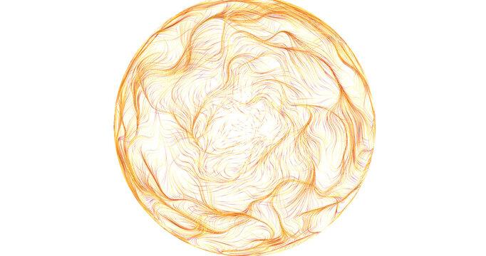 Abstract design with a sphere of lines in shades of orange and yellow against a white bac