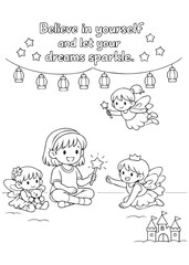 Fototapeta premium coloring book page girl believing in herself while sharing a magical basement moment with tiny fairies