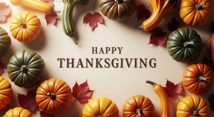 Obraz premium Festive thanksgiving arrangement with pumpkins and autumn leaves