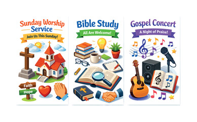 Fototapeta premium Christian church events: Sunday worship, Bible study, and gospel concert