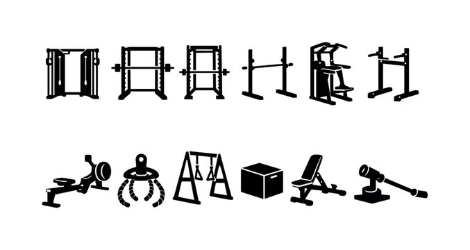 Collection of black and white icons representing various gym equipment and fitness machines