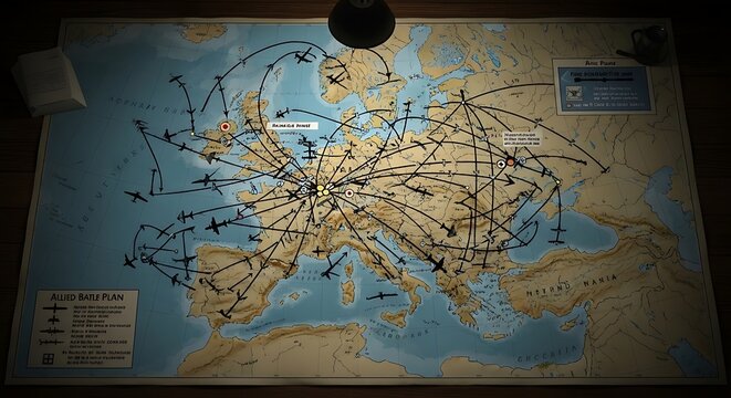 World War 2 military strategy map of Europe with flight routes