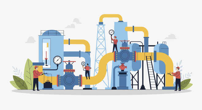 Industrial pipeline system with workers performing maintenance and operations.